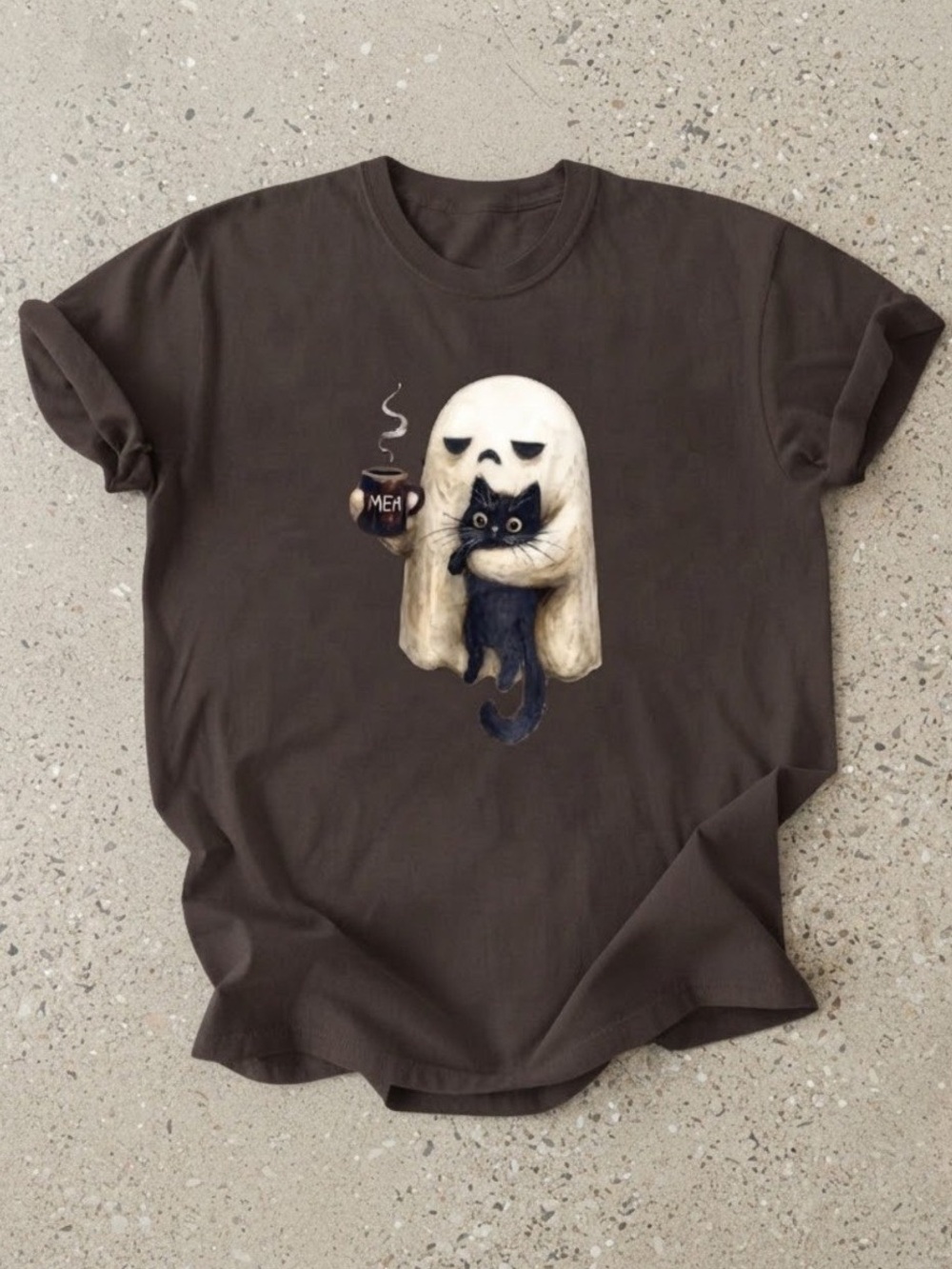 Ghost Hugging Black Cat Coffee Halloween Cute Gildan T-Shirt